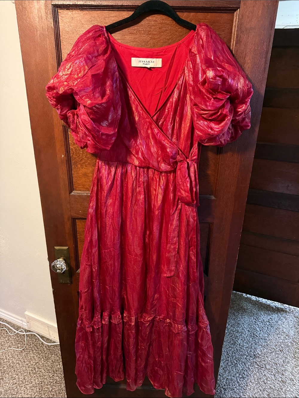 Red Puff-Sleeve Wrap Dress